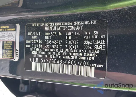 2012 Hyundai Santa Fe Gls z USA, uszkodzony, nr VIN 5XYZGDAB5CG097804